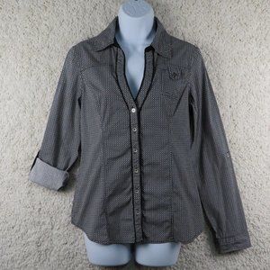 Guess* Women's Long Sleeve Low V-Neck Button Down Curved Hem Shirt~ Size‎ Medium